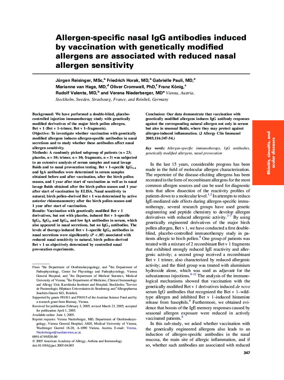 Allergen-specific nasal IgG antibodies induced by vaccination with genetically modified allergens are associated with reduced nasal allergen sensitivity