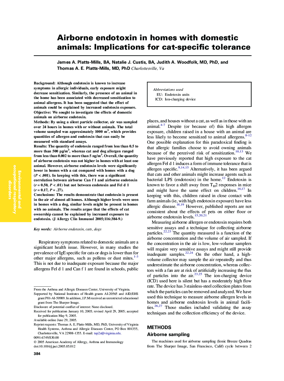 Airborne endotoxin in homes with domestic animals: Implications for cat-specific tolerance