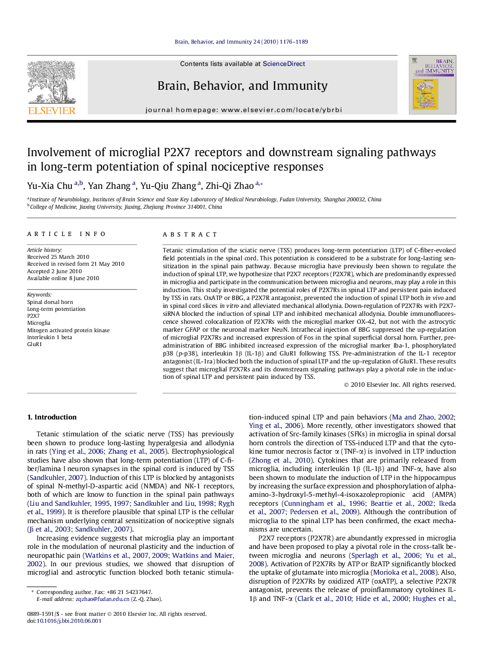 Involvement of microglial P2X7 receptors and downstream signaling pathways in long-term potentiation of spinal nociceptive responses