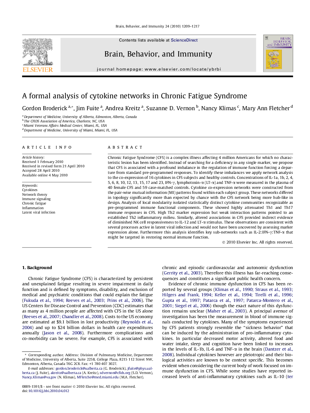 A formal analysis of cytokine networks in Chronic Fatigue Syndrome