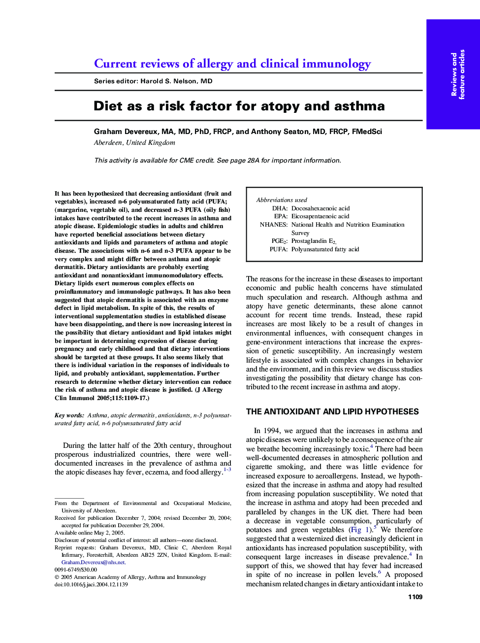 Diet as a risk factor for atopy and asthma