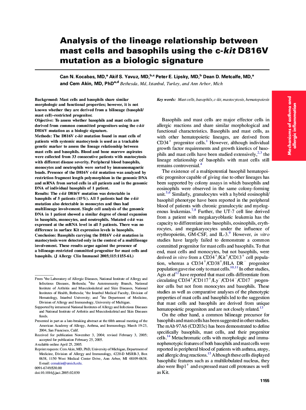 Analysis of the lineage relationship between mast cells and basophils using the c-kit D816V mutation as a biologic signature