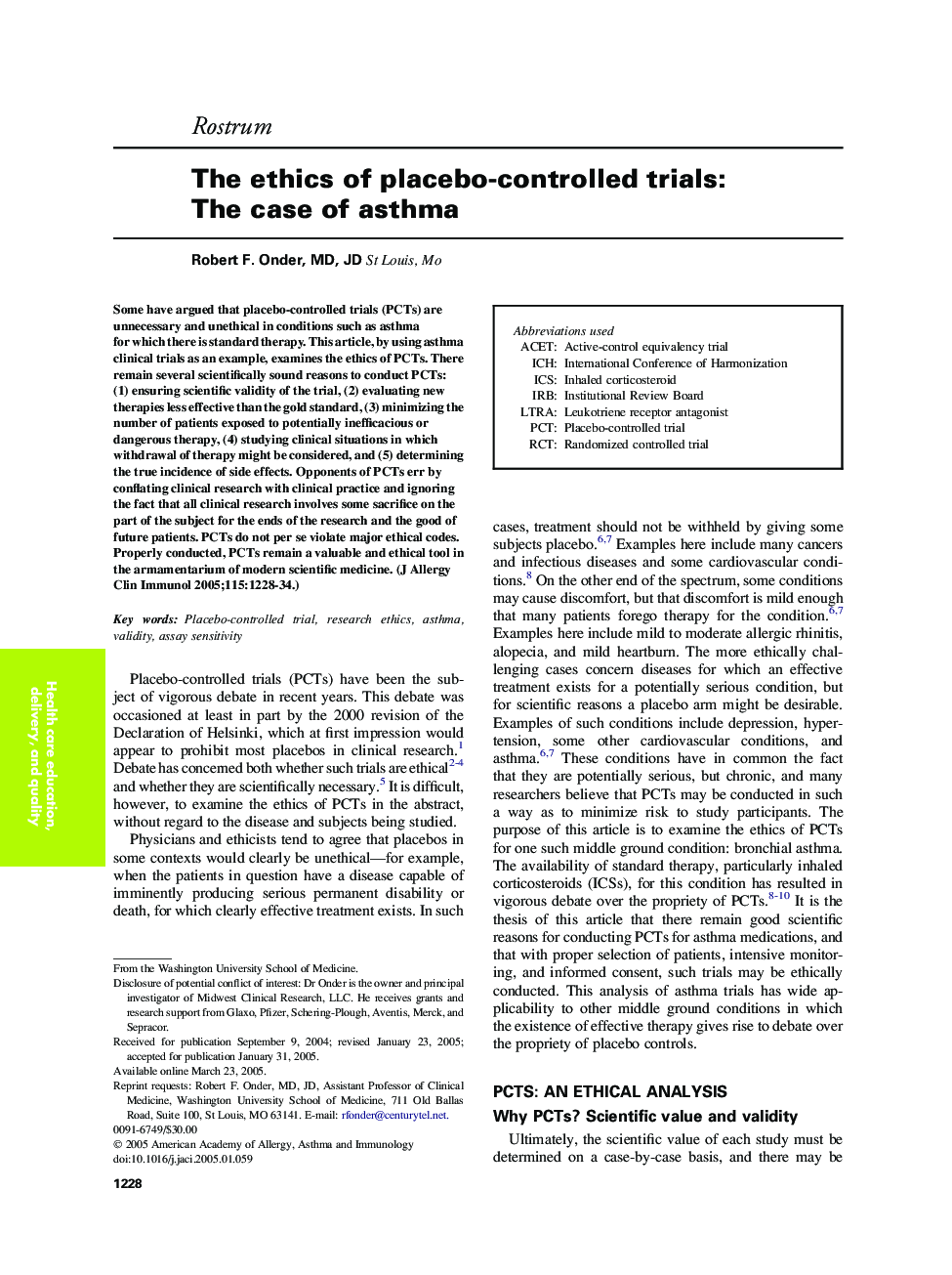 The ethics of placebo-controlled trials: The case of asthma