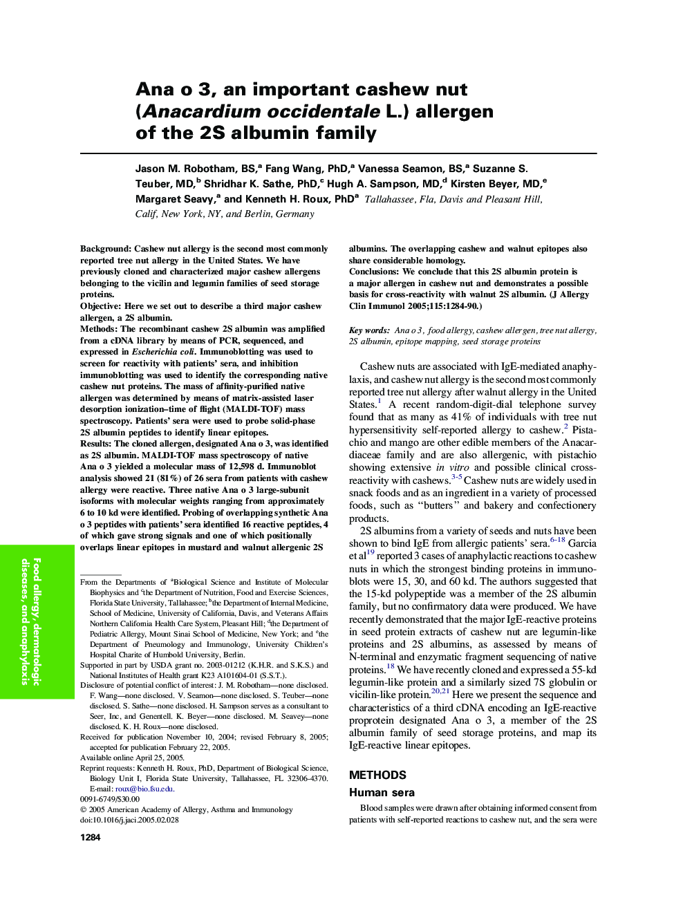 Ana o 3, an important cashew nut (Anacardium occidentale L.) allergen of the 2S albumin family