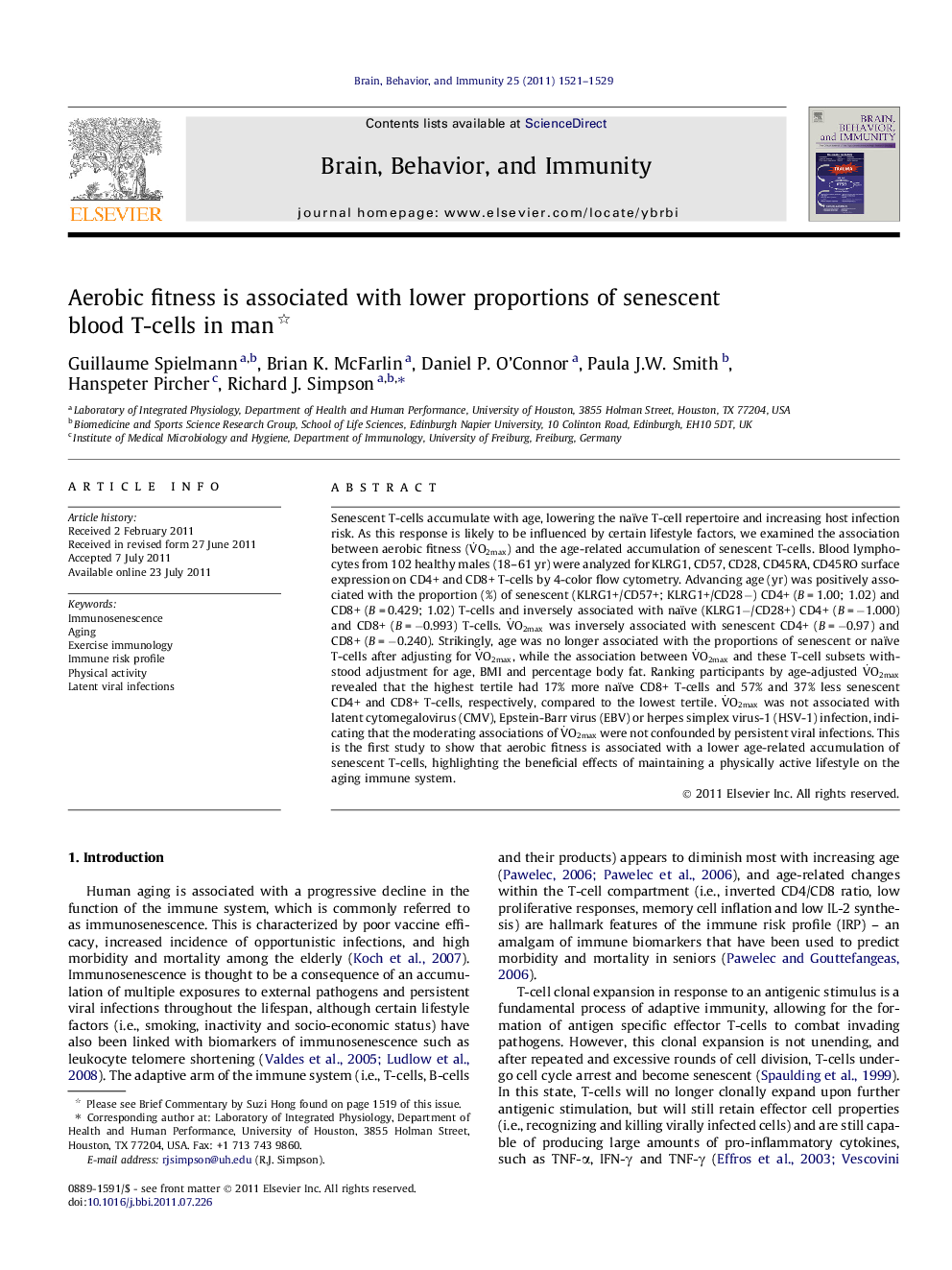 Aerobic fitness is associated with lower proportions of senescent blood T-cells in man 