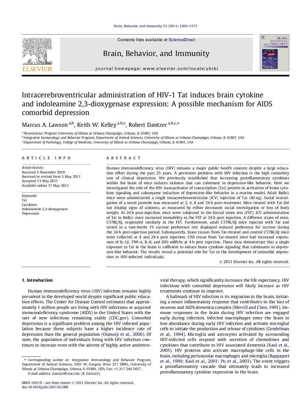 Intracerebroventricular administration of HIV-1 Tat induces brain cytokine and indoleamine 2,3-dioxygenase expression: A possible mechanism for AIDS comorbid depression