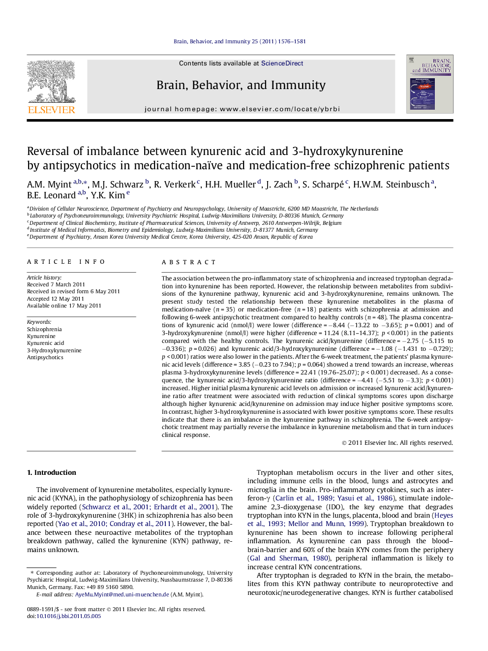 Reversal of imbalance between kynurenic acid and 3-hydroxykynurenine by antipsychotics in medication-naïve and medication-free schizophrenic patients