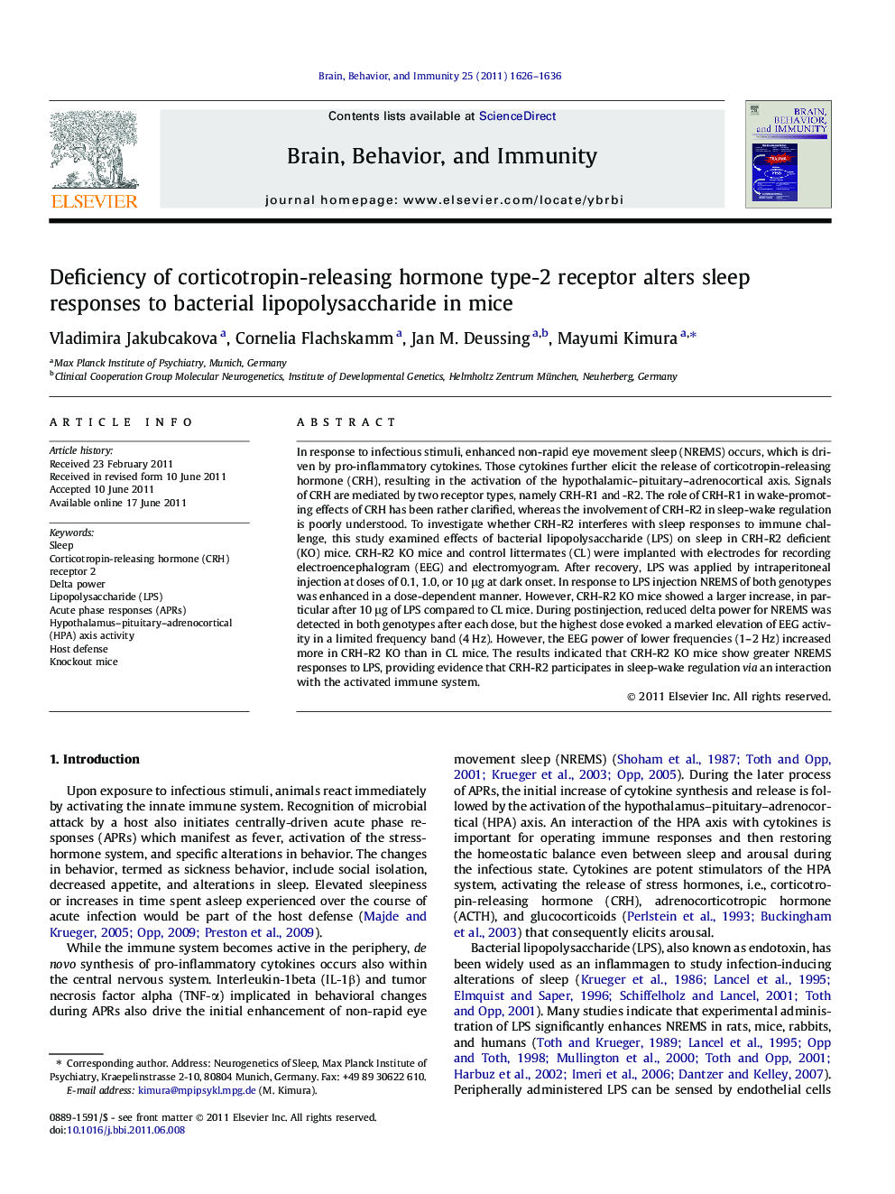 Deficiency of corticotropin-releasing hormone type-2 receptor alters sleep responses to bacterial lipopolysaccharide in mice