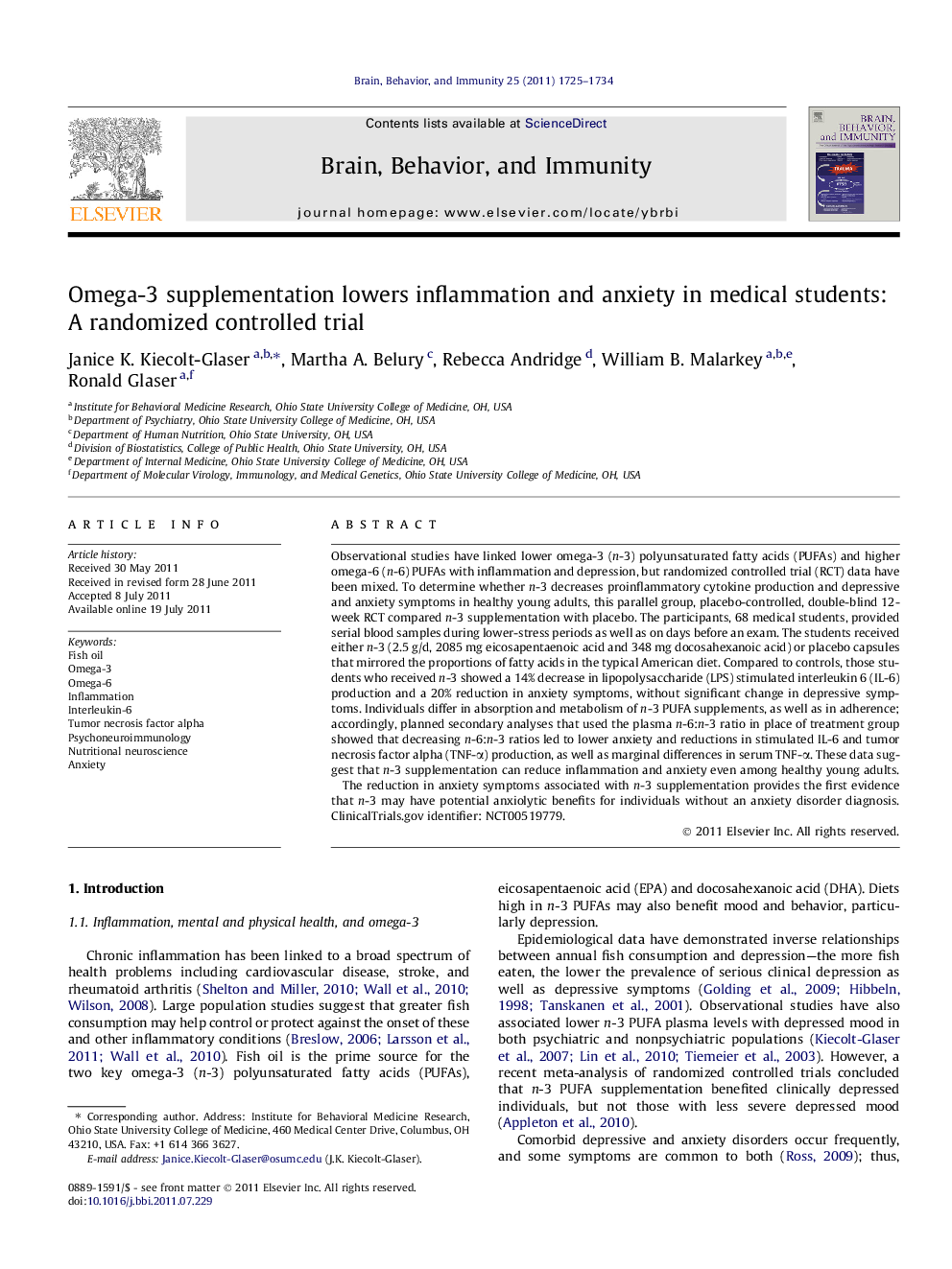 Omega-3 supplementation lowers inflammation and anxiety in medical students: A randomized controlled trial