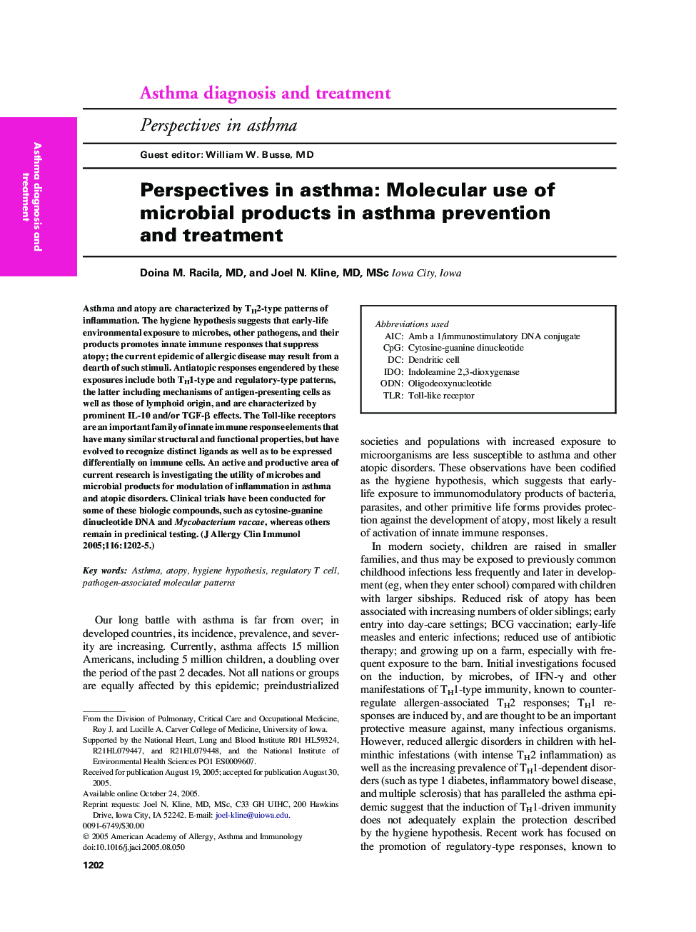 Perspectives in asthma: Molecular use of microbial products in asthma prevention and treatment