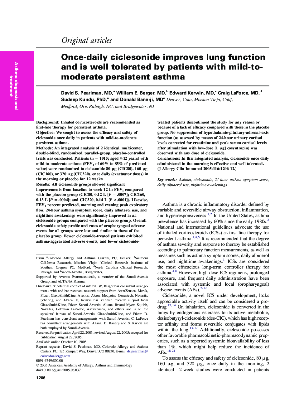 Once-daily ciclesonide improves lung function and is well tolerated by patients with mild-to-moderate persistent asthma