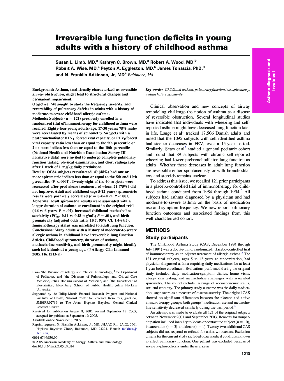 Irreversible lung function deficits in young adults with a history of childhood asthma