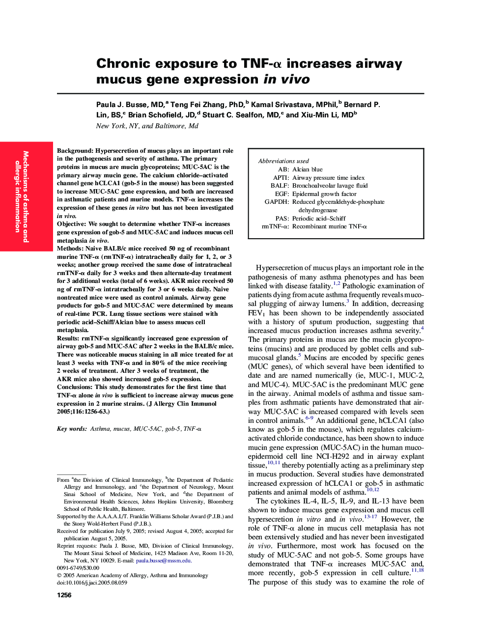 Chronic exposure to TNF-Î± increases airway mucus gene expression in vivo