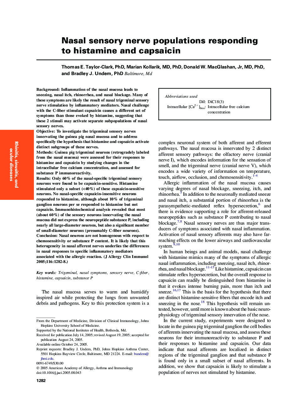 Nasal sensory nerve populations responding to histamine and capsaicin