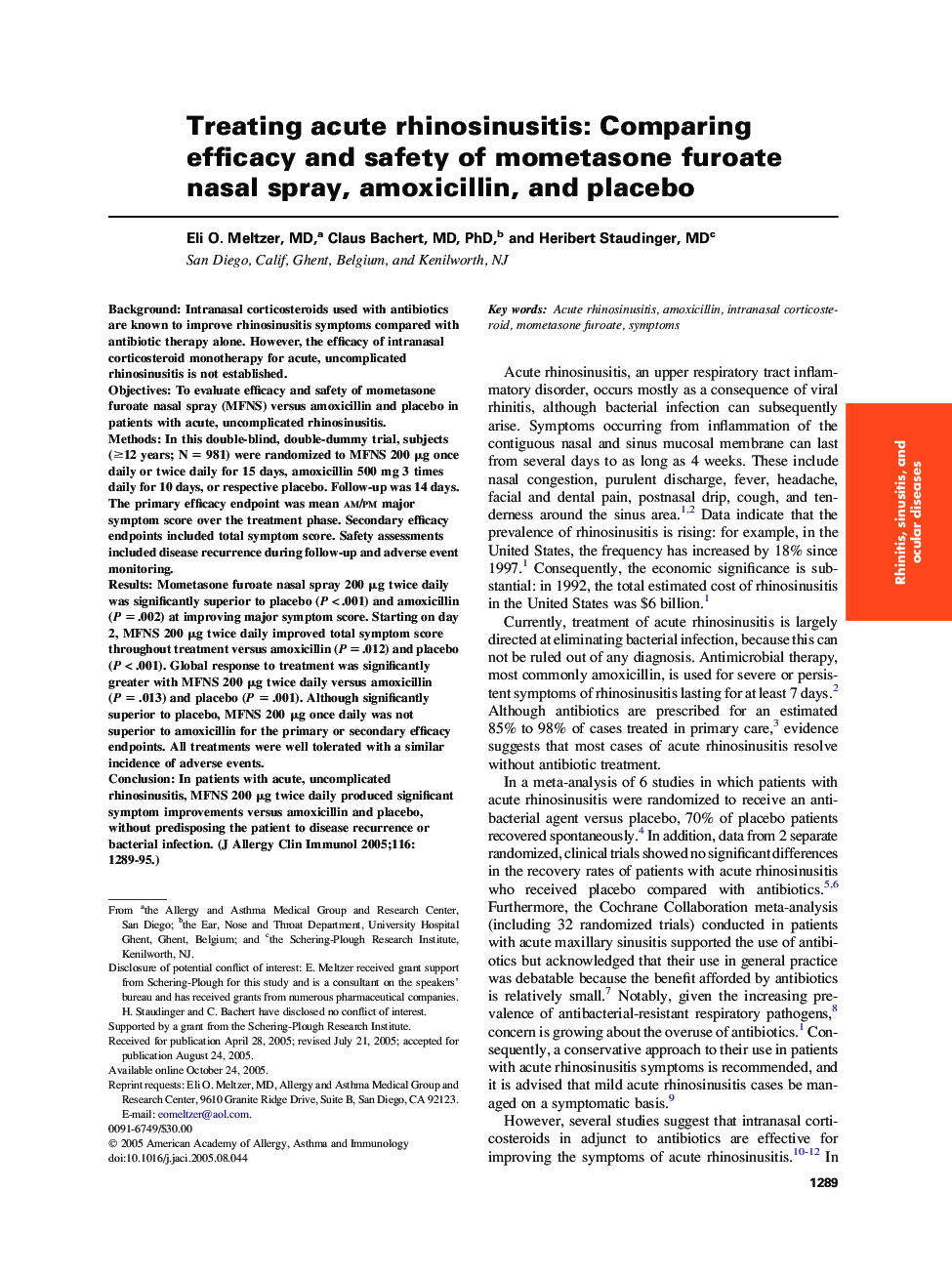 Treating acute rhinosinusitis: Comparing efficacy and safety of mometasone furoate nasal spray, amoxicillin, and placebo