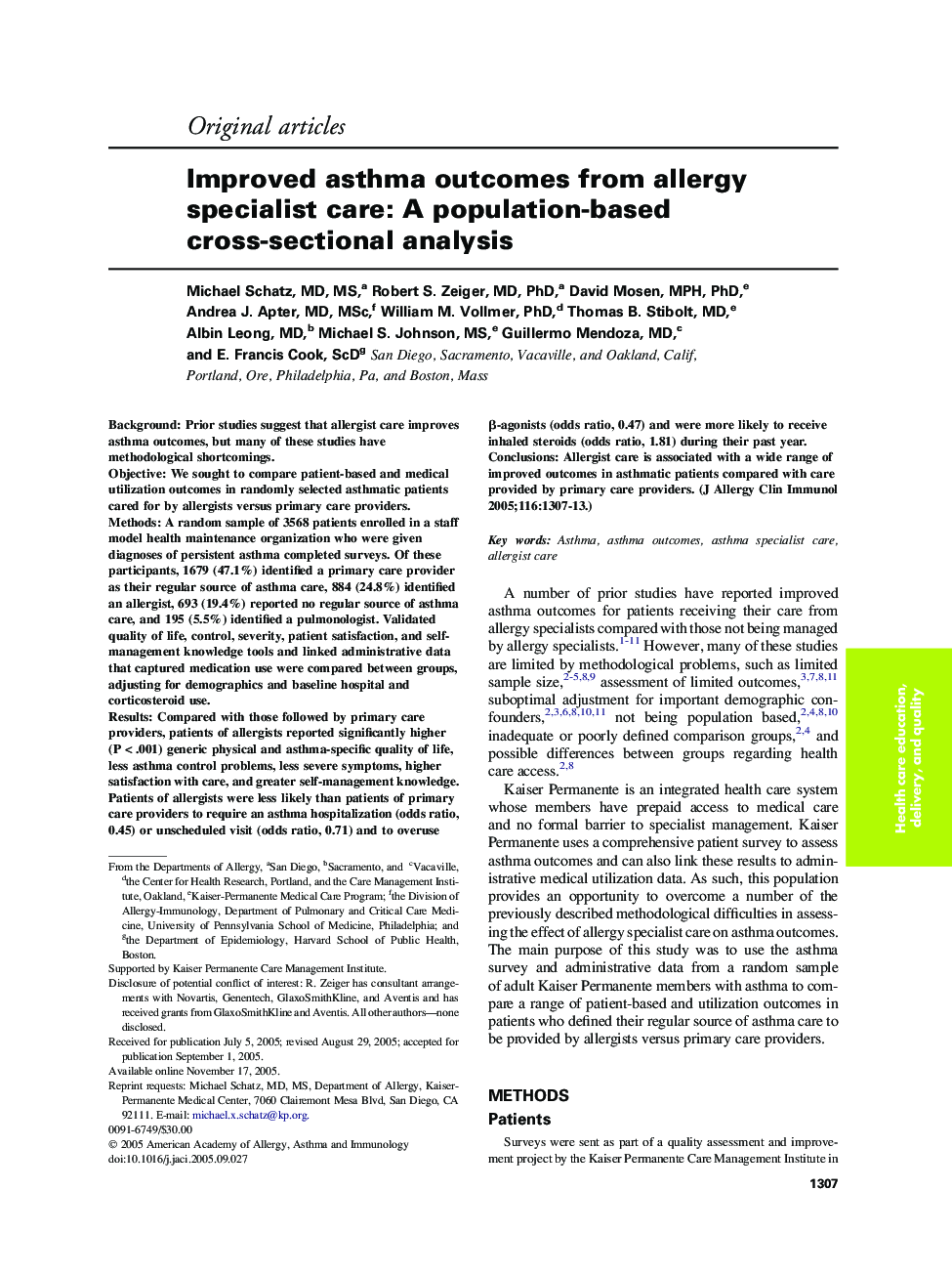 Improved asthma outcomes from allergy specialist care: A population-based cross-sectional analysis
