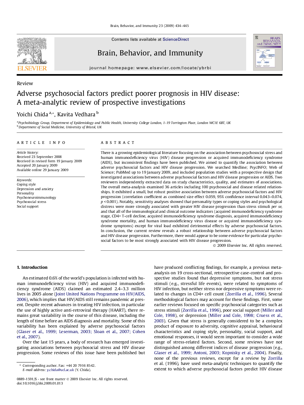 Adverse psychosocial factors predict poorer prognosis in HIV disease: A meta-analytic review of prospective investigations