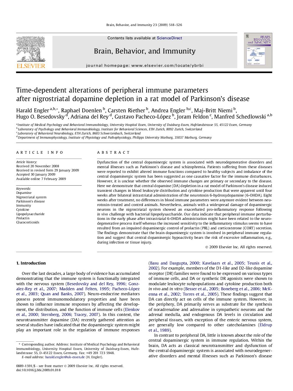 Time-dependent alterations of peripheral immune parameters after nigrostriatal dopamine depletion in a rat model of Parkinson’s disease