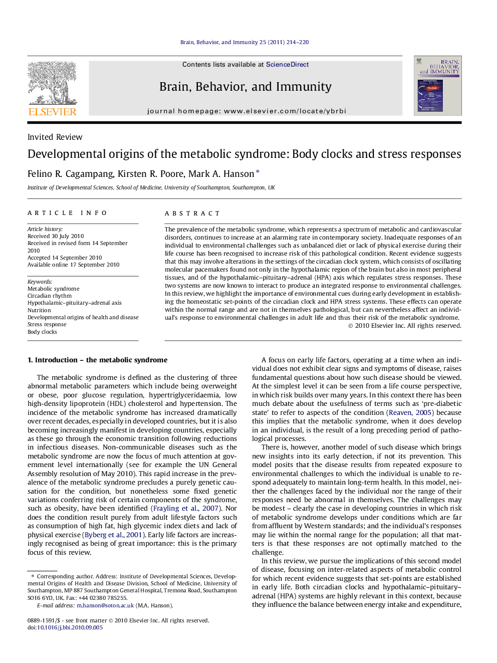 Developmental origins of the metabolic syndrome: Body clocks and stress responses