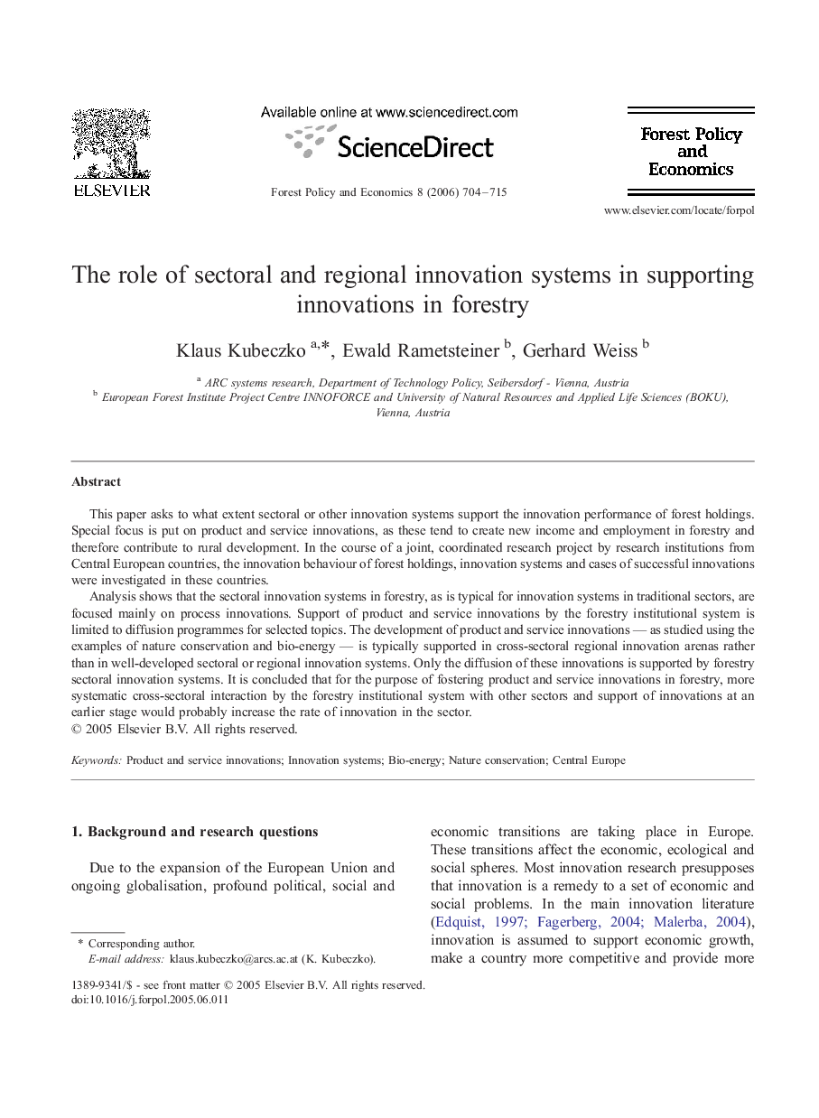 The role of sectoral and regional innovation systems in supporting innovations in forestry