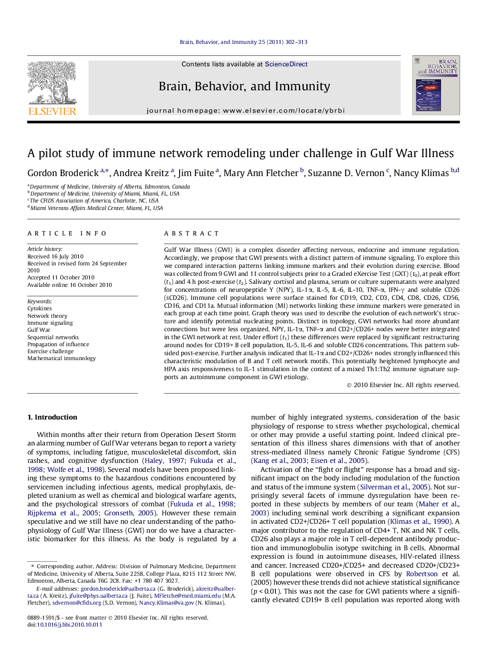 A pilot study of immune network remodeling under challenge in Gulf War Illness