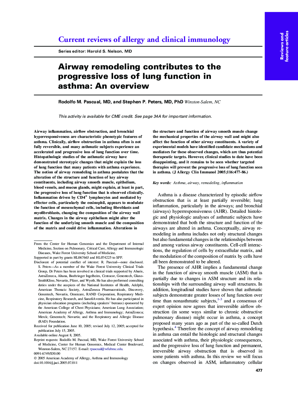 Airway remodeling contributes to the progressive loss of lung function in asthma: An overview