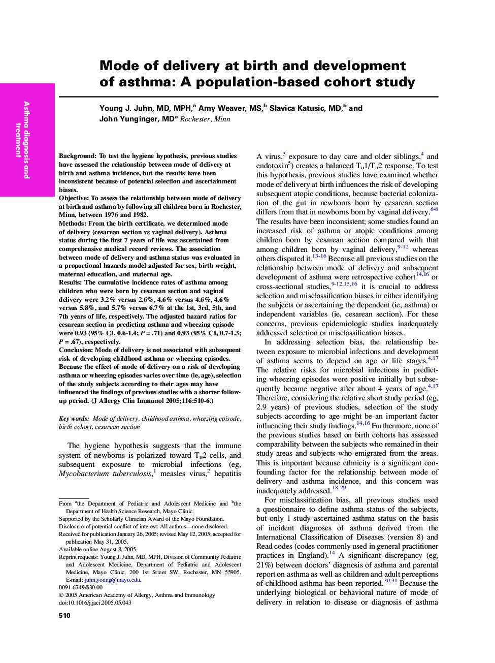 Mode of delivery at birth and development of asthma: A population-based cohort study