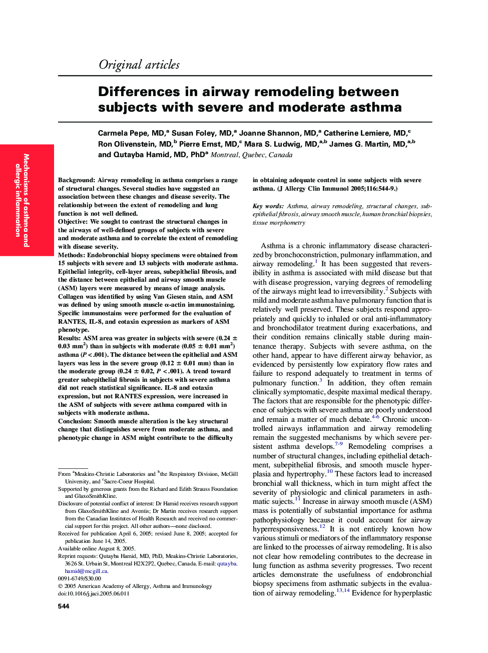 Differences in airway remodeling between subjects with severe and moderate asthma