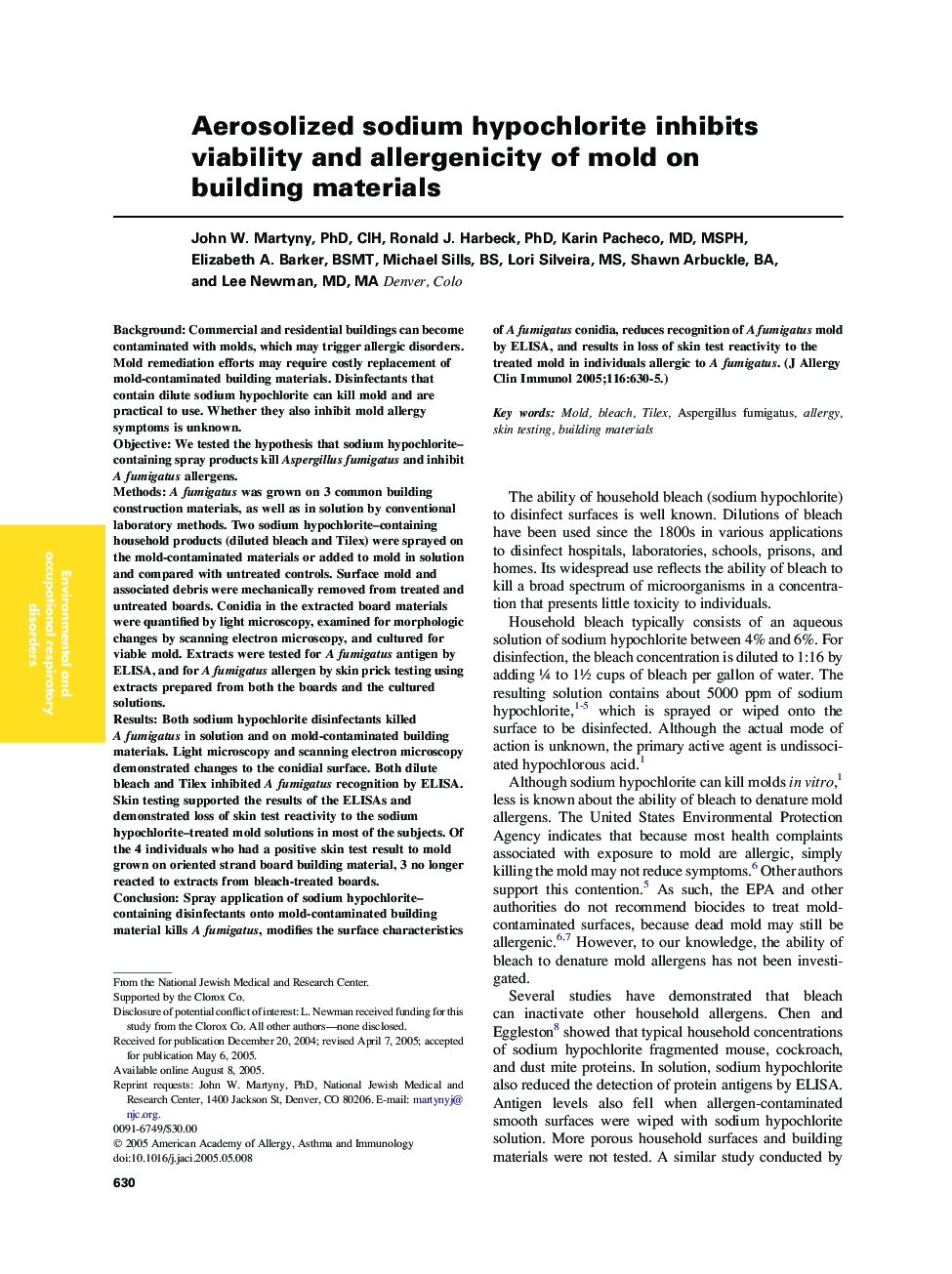 Aerosolized sodium hypochlorite inhibits viability and allergenicity of mold on building materials