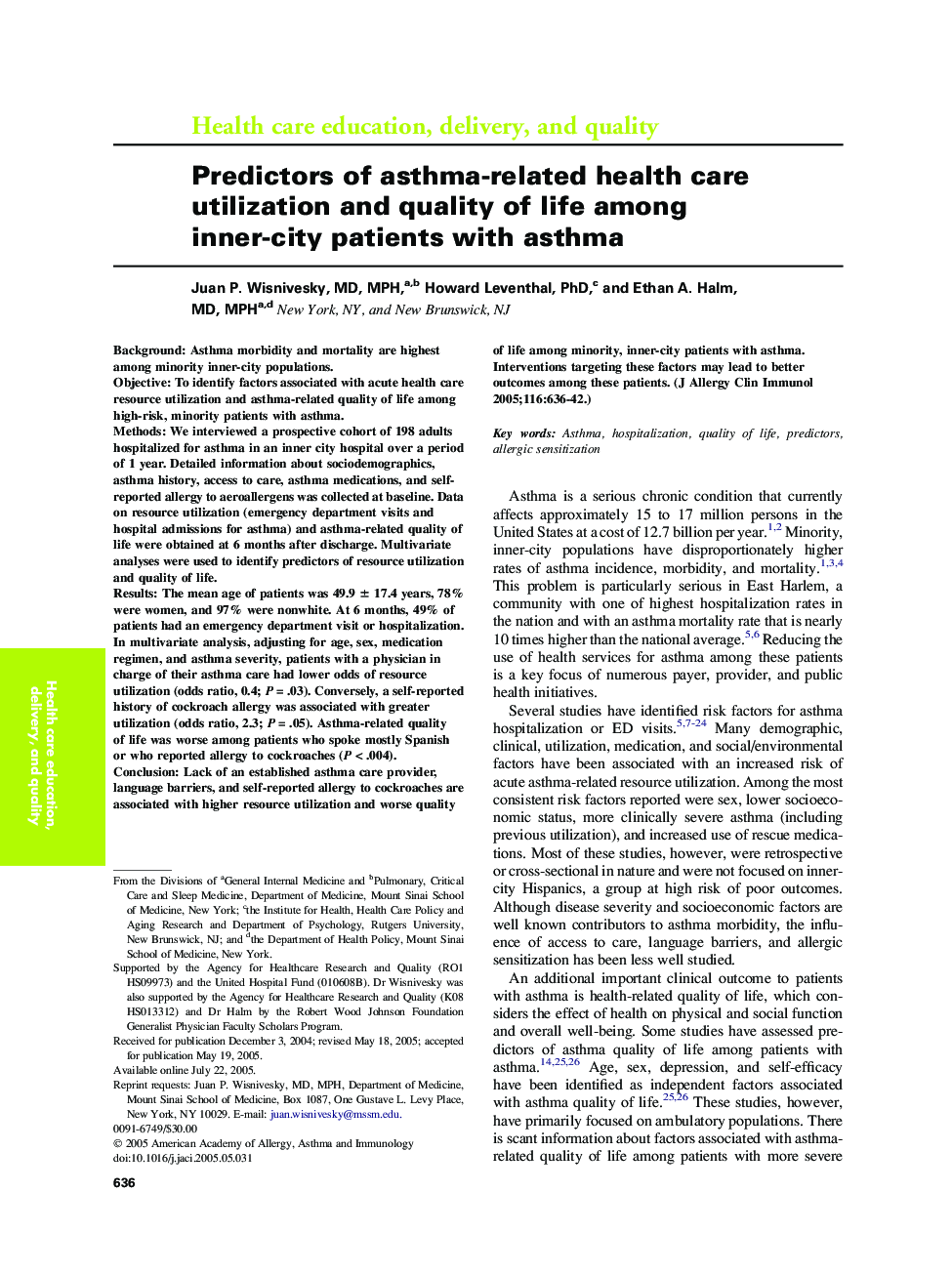 Predictors of asthma-related health care utilization and quality of life among inner-city patients with asthma