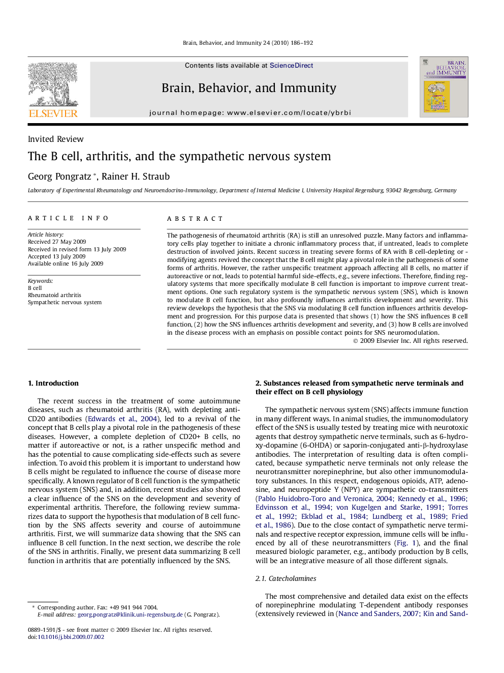 The B cell, arthritis, and the sympathetic nervous system