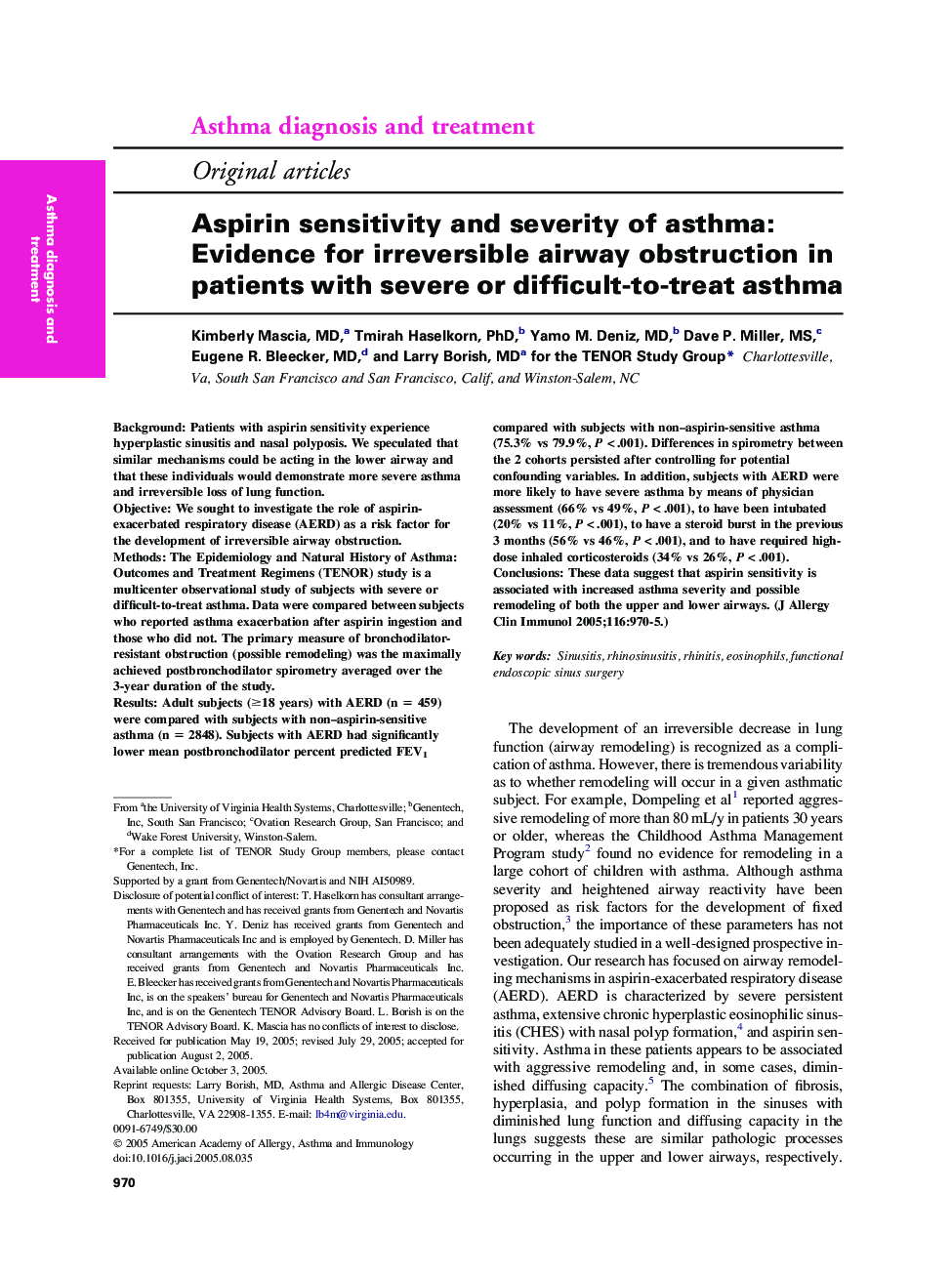 Aspirin sensitivity and severity of asthma: Evidence for irreversible airway obstruction in patients with severe or difficult-to-treat asthma