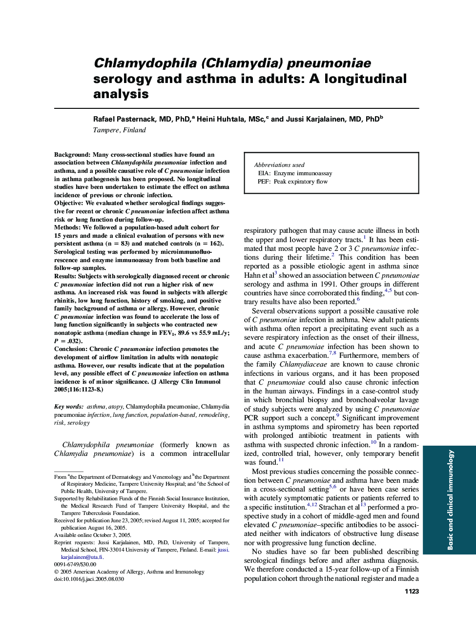 Chlamydophila (Chlamydia) pneumoniae serology and asthma in adults: A longitudinal analysis