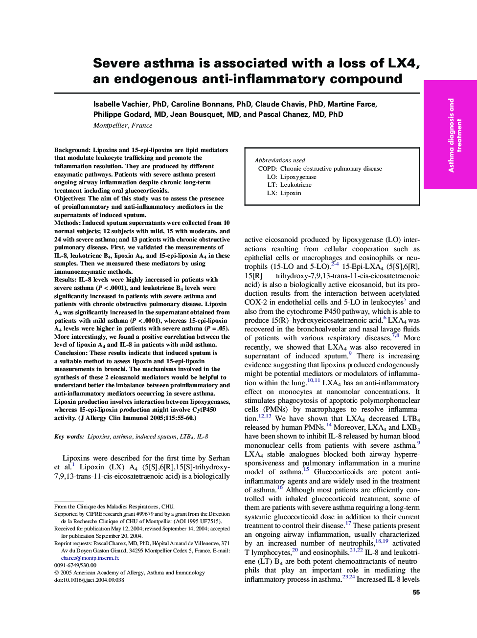 Severe asthma is associated with a loss of LX4, an endogenous anti-inflammatory compound