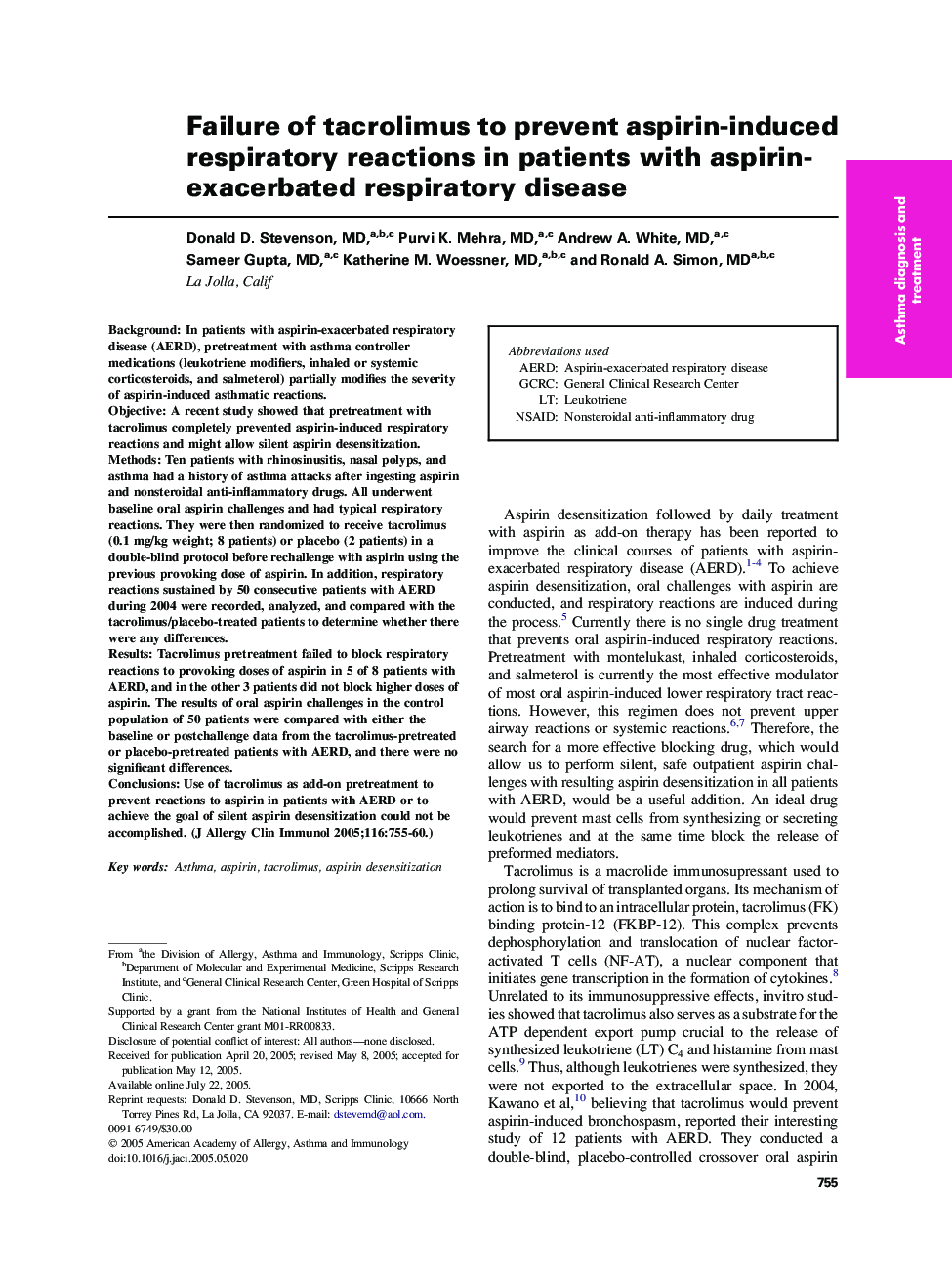 Failure of tacrolimus to prevent aspirin-induced respiratory reactions in patients with aspirin-exacerbated respiratory disease