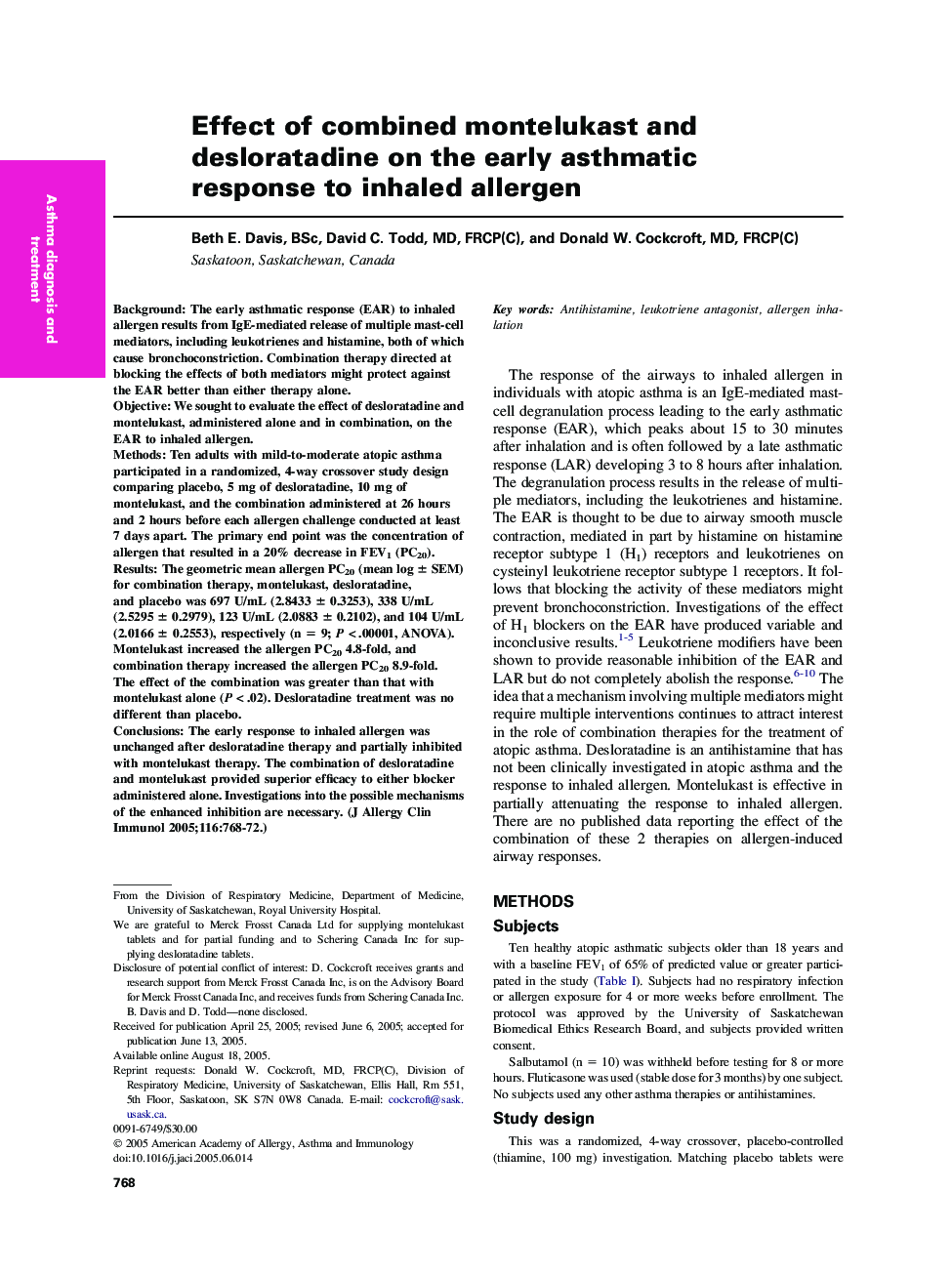 Effect of combined montelukast and desloratadine on the early asthmatic response to inhaled allergen