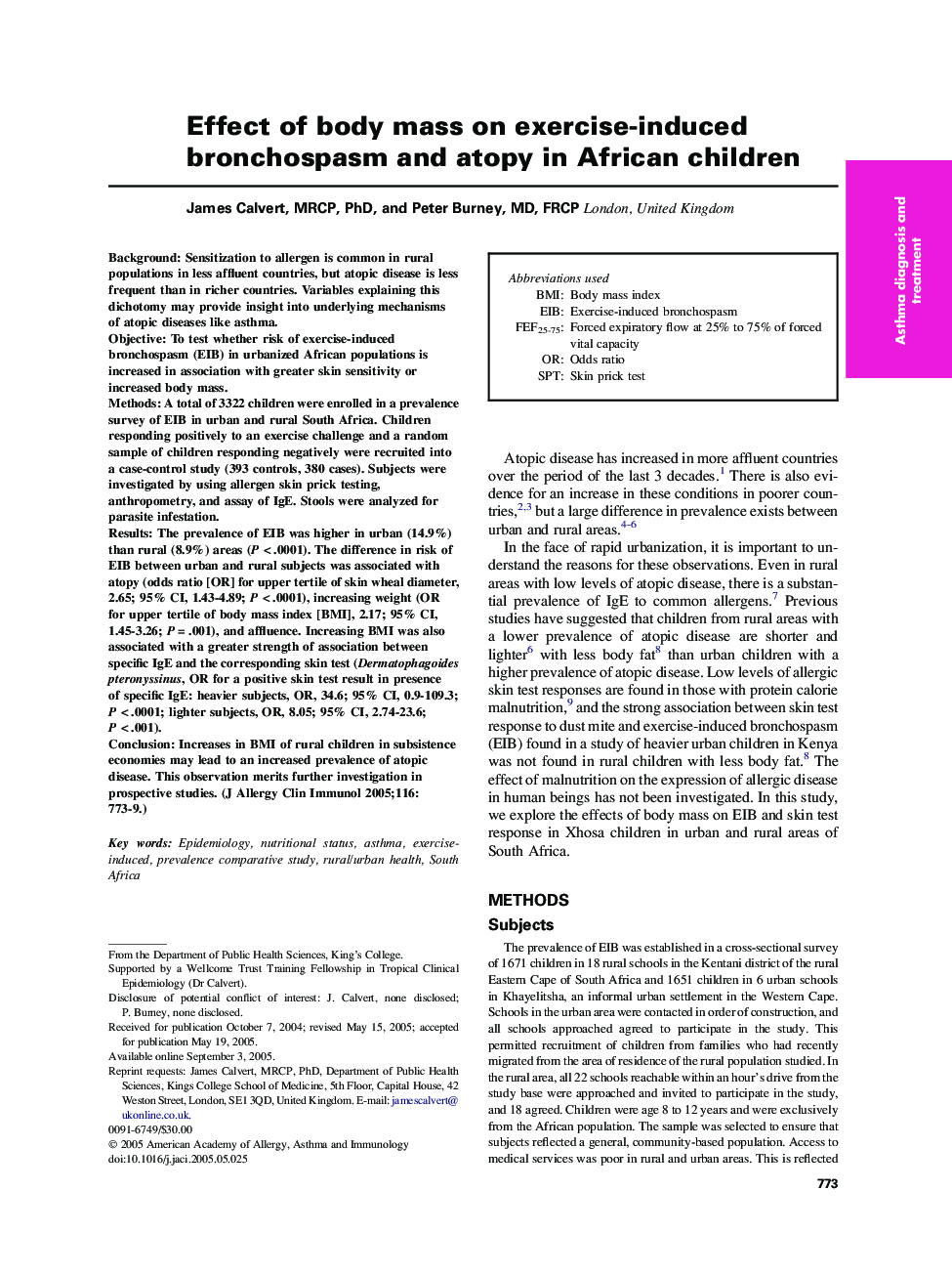 عکس صفحه اول مقاله: Effect of body mass on exercise-induced bronchospasm and atopy in African children Effect of body mass on exercise-induced bronchospasm and atopy in African children