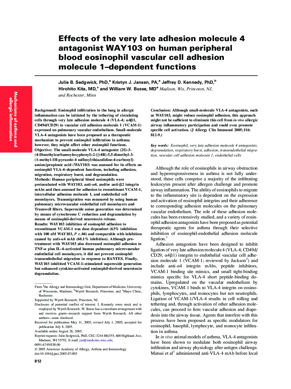 Effects of the very late adhesion molecule 4 antagonist WAY103 on human peripheral blood eosinophil vascular cell adhesion molecule 1-dependent functions