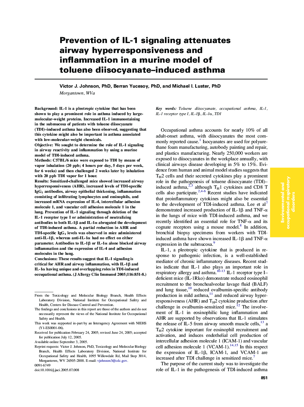 Prevention of IL-1 signaling attenuates airway hyperresponsiveness and inflammation in a murine model of toluene diisocyanate-induced asthma