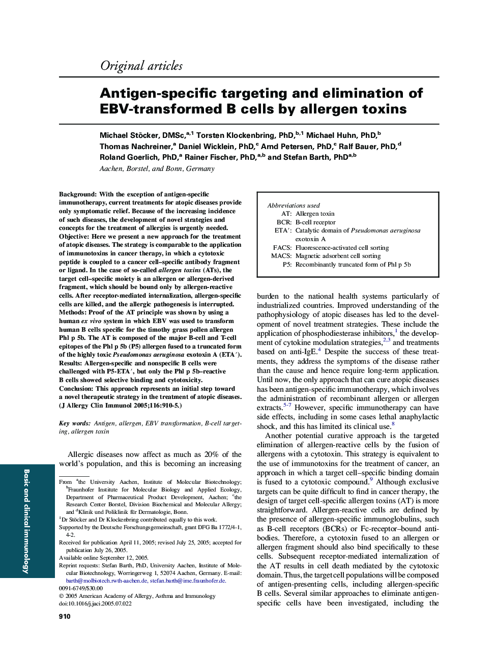 Antigen-specific targeting and elimination of EBV-transformed B cells by allergen toxins