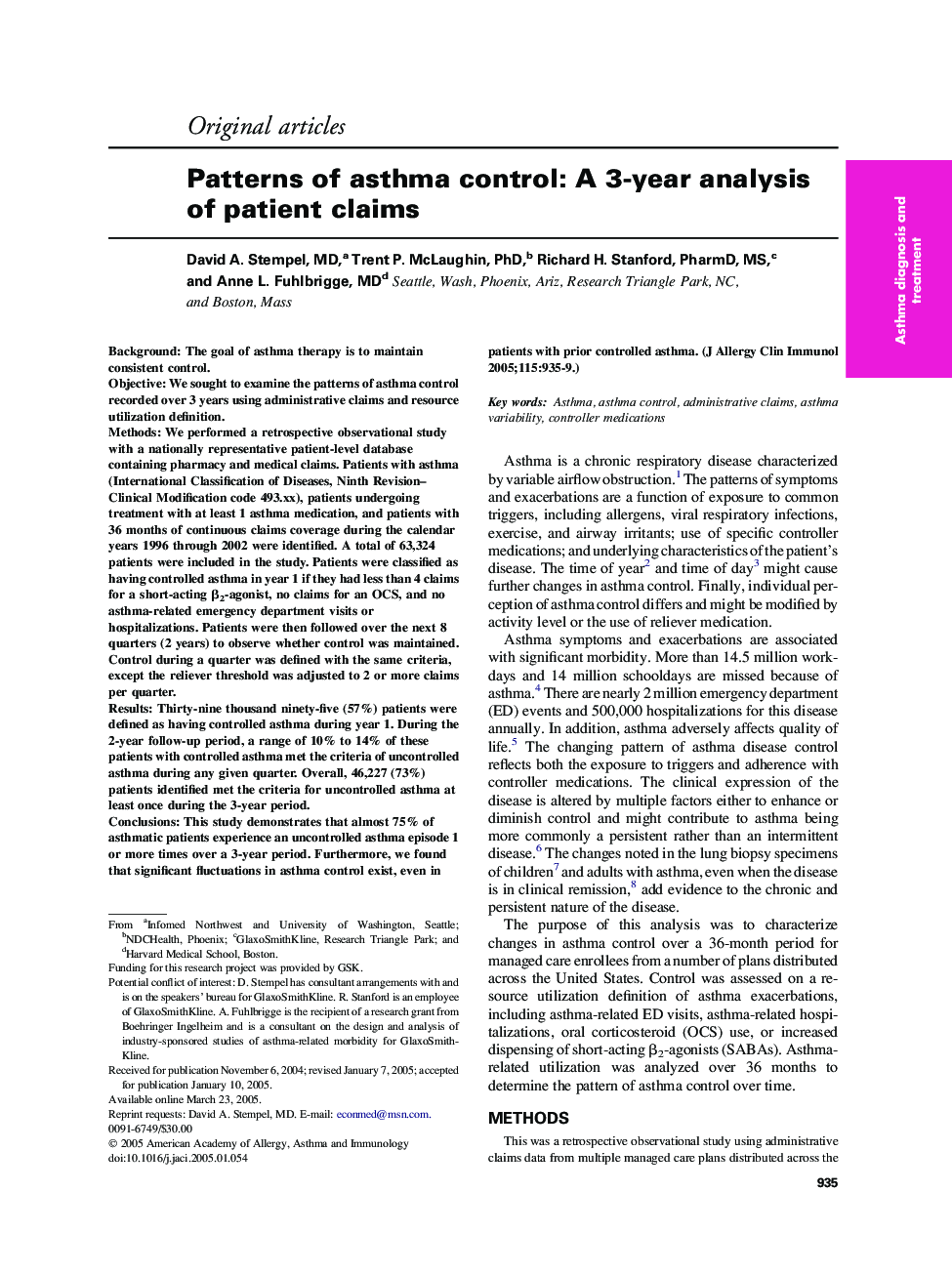 Patterns of asthma control: A 3-year analysis of patient claims