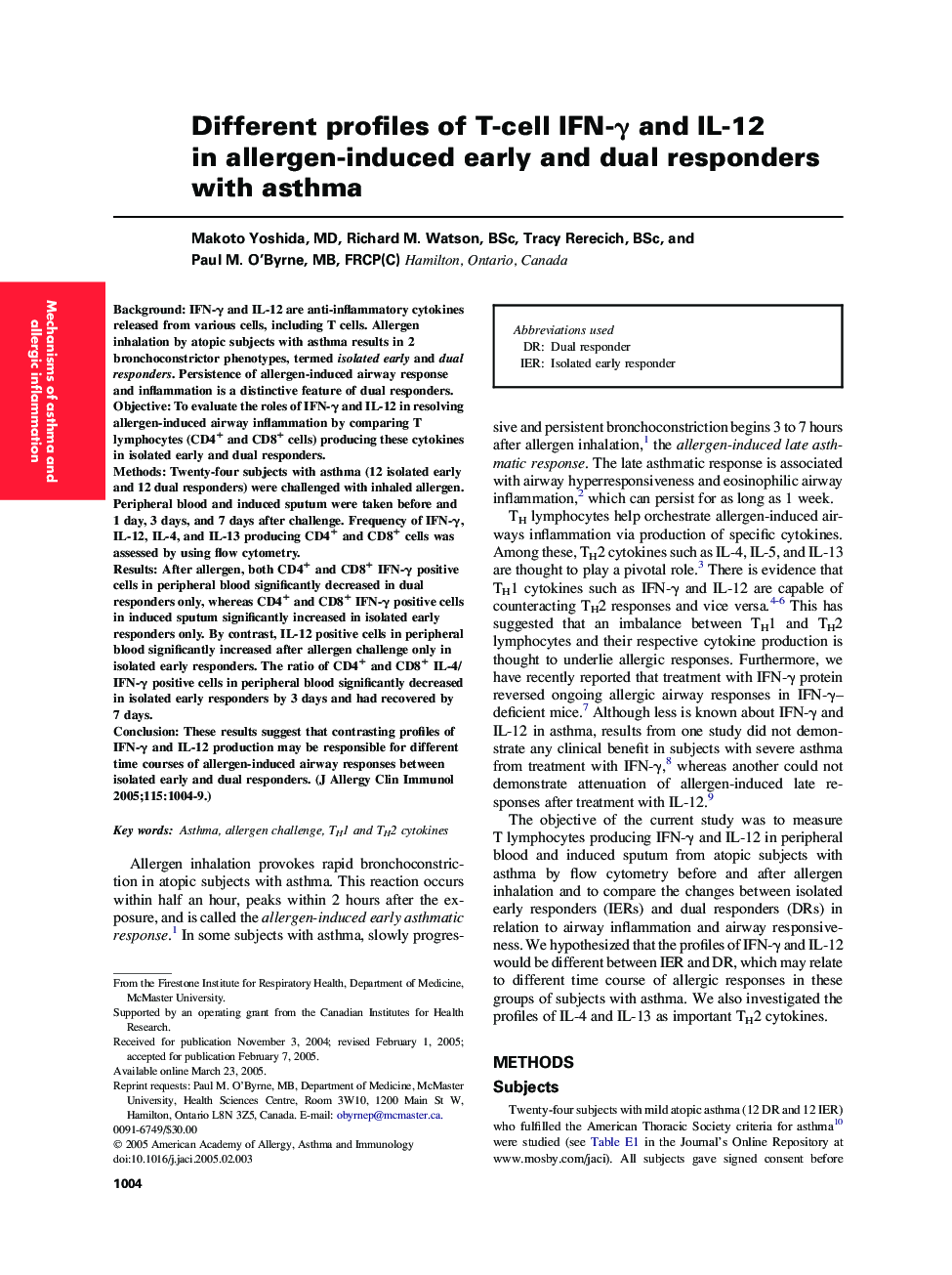 Different profiles of T-cell IFN-Î³ and IL-12 in allergen-induced early and dual responders with asthma