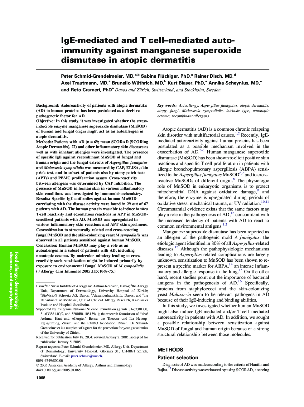 IgE-mediated and T cell-mediated autoimmunity against manganese superoxide dismutase in atopic dermatitis