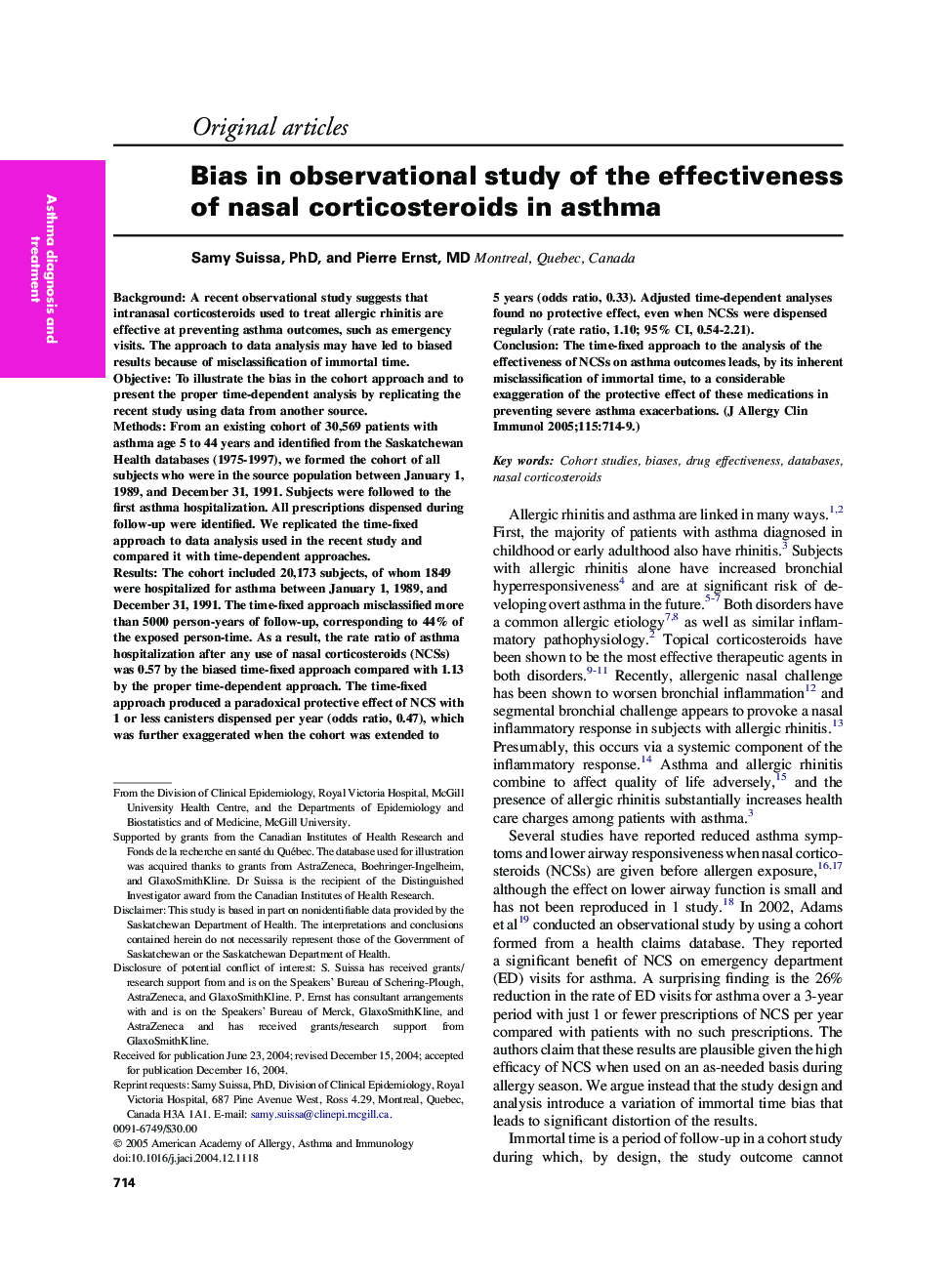 Bias in observational study of the effectiveness of nasal corticosteroids in asthma