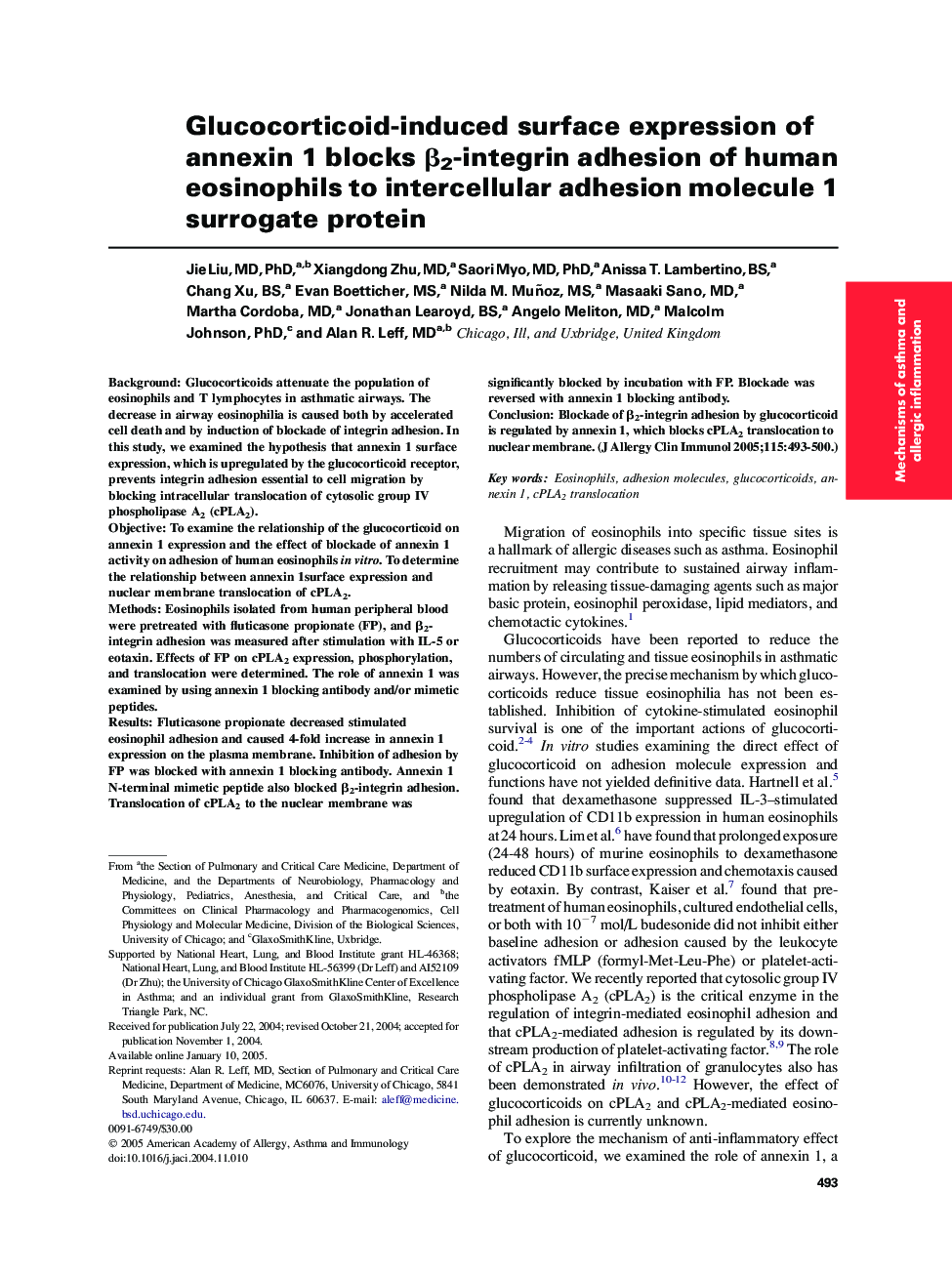 Glucocorticoid-induced surface expression of annexin 1 blocks Î²2-integrin adhesion of human eosinophils to intercellular adhesion molecule 1 surrogate protein