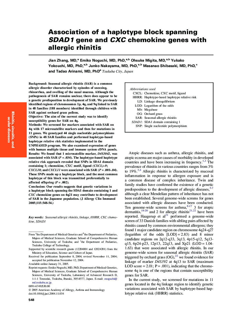Association of a haplotype block spanning SDAD1 gene and CXC chemokine genes with allergic rhinitis