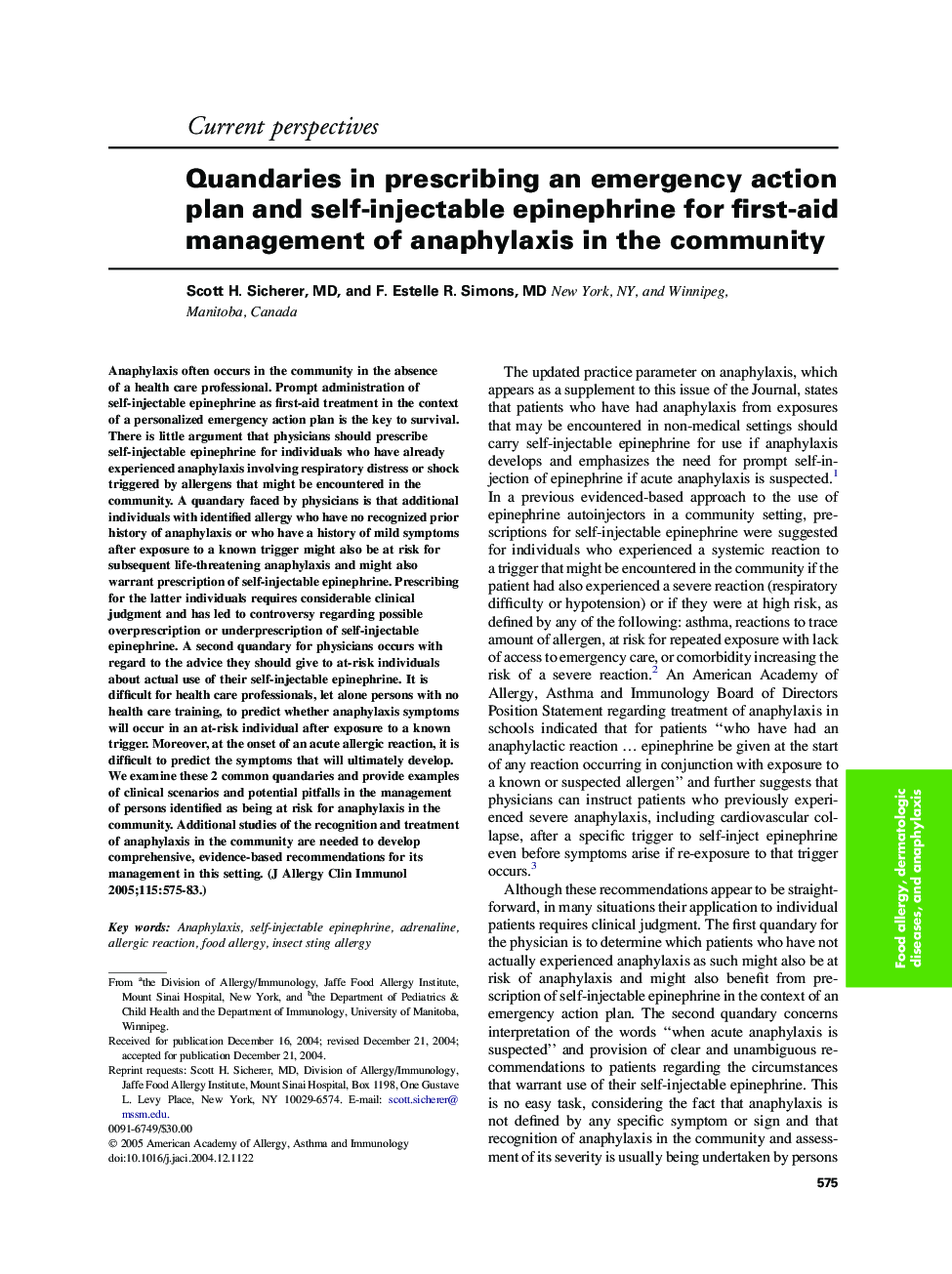 Quandaries in prescribing an emergency action plan and self-injectable epinephrine for first-aid management of anaphylaxis in the community