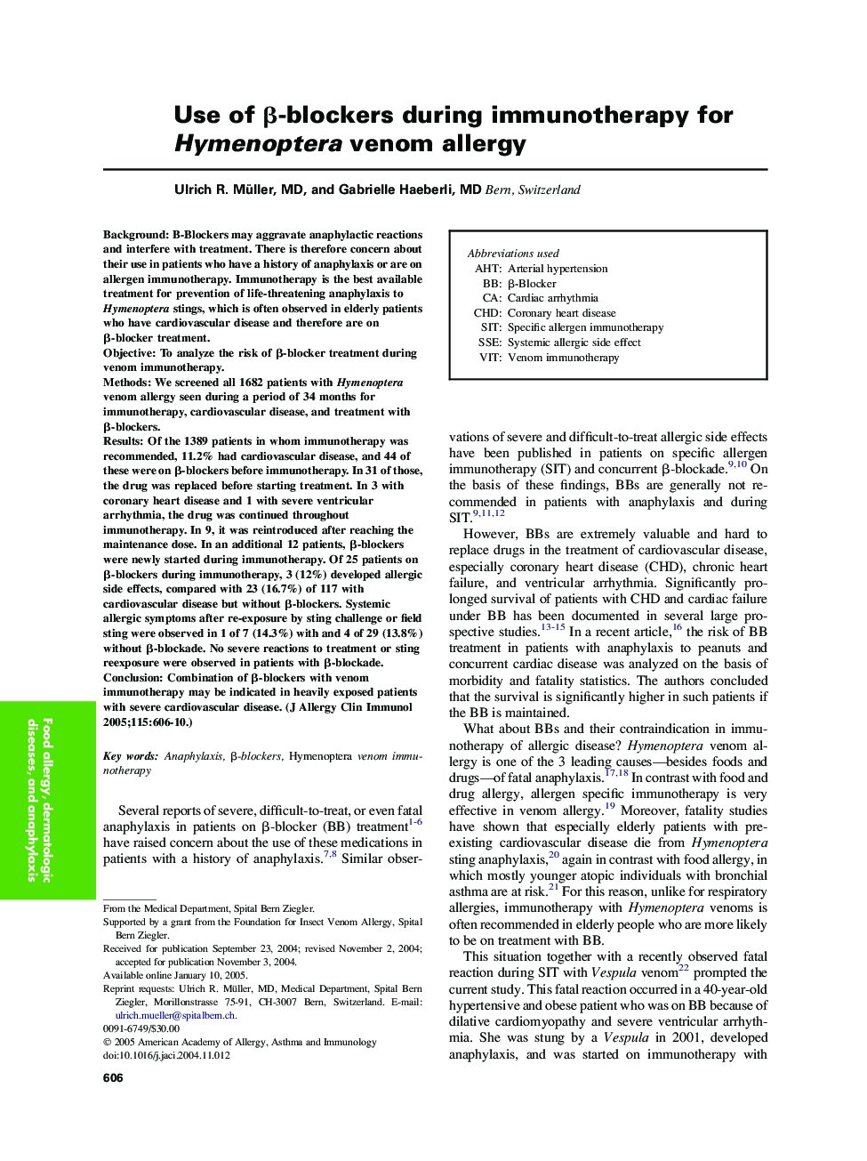 Use of Î²-blockers during immunotherapy for Hymenoptera venom allergy