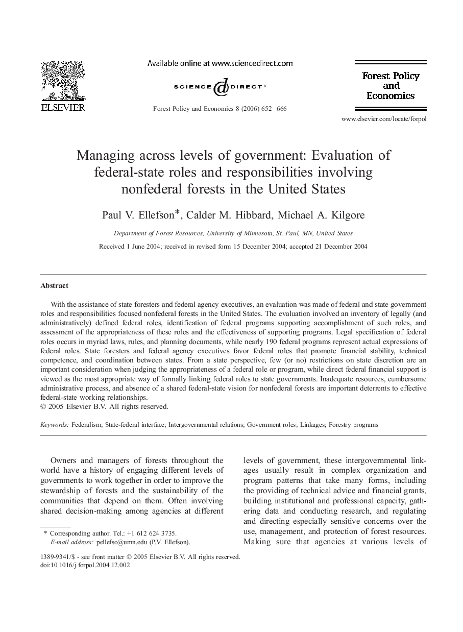 Managing across levels of government: Evaluation of federal-state roles and responsibilities involving nonfederal forests in the United States