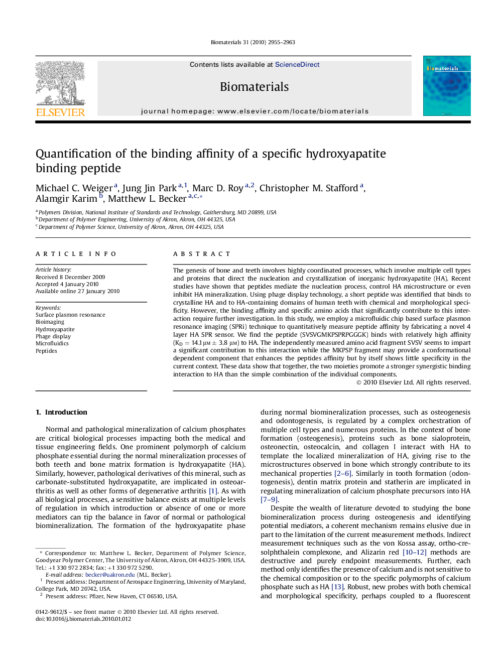 Quantification of the binding affinity of a specific hydroxyapatite binding peptide